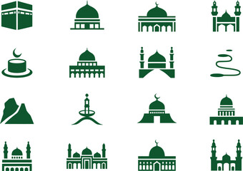 Fototapeta premium Taj Mahal and Indian Architecture Icons Set. Dome, Pillars, Temple Vector Illustration