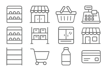 Retail and grocery store shopping set with cart, shelves, cash register, and payment