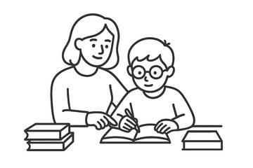 Adult woman guiding student boy writing in a textbook during a lesson