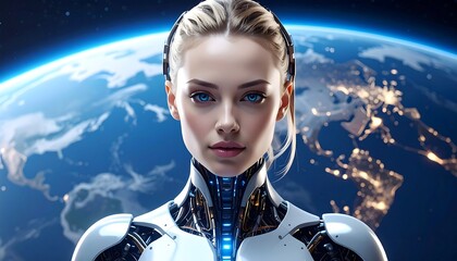 A futuristic cyborg woman with light hair and blue eyes stands before a vibrant Earth