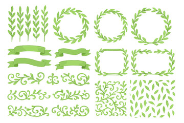 Hand-painted style green leaf design elements set featuring decorative wreaths, ribbons, dividers, and seamless background