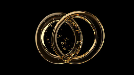 Two interlocking golden rings filled with bubbles and liquid