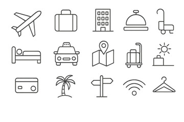 Outline symbols for travel and tourism including airplane, hotel, luggage, and taxi