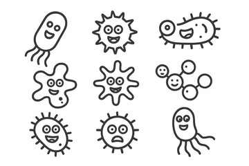 Set of cute cartoon microbes, including various bacteria, viruses, and microscopic germs
