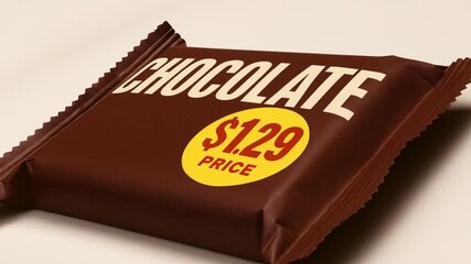 cost living groceries concept. Chocolate bar packaging with price label displayed prominently.