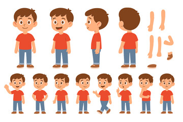 Cute little boy character set showing full body views, poses, and emotional expressions