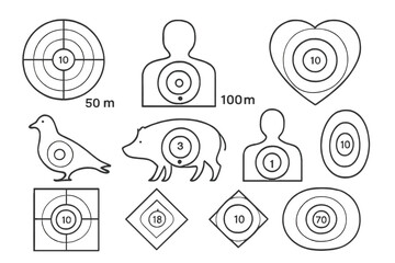 Collection of marksmanship targets featuring circular, square, human, and animal silhouettes