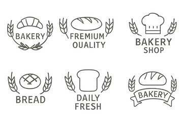 Monochrome line art badges for bakery shop and bread business with wheat ears
