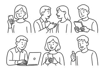 Collection of diverse people communicating, working, and interacting with modern digital technology devices