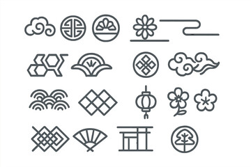 Traditional East Asian cultural symbols and decorative ornaments in minimalist line art