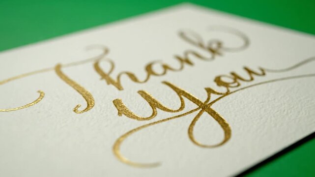 Gold cursive "thank you" on textured off-white card, green background