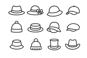 Minimalist collection of various headwear accessories including fedora, beanie, and top hat