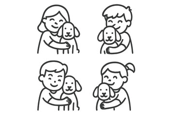 Four simple depictions of smiling children affectionately embracing small puppies