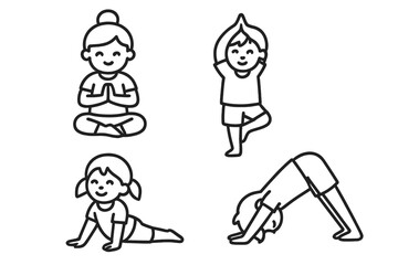 Minimalist style depiction of young people performing various yoga exercises and stretching poses