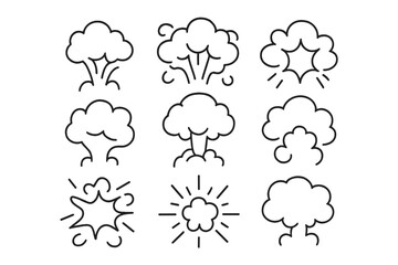 Set of comic book blast, explosion, and smoke cloud icons in outline style