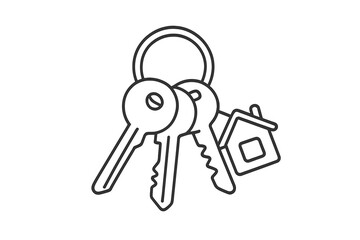 Simple black line drawing of house keys attached to a metal ring with a small home charm