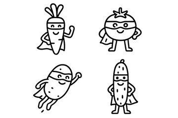 Cute cartoon vegetable superheroes: carrot, tomato, potato, and cucumber posing heroically