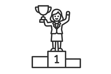 Successful businesswoman celebrating achievement on winner's podium holding championship trophy