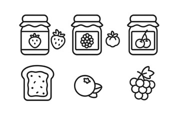 Outline icons set of fruit preserves jars, fresh berries, and breakfast ingredients
