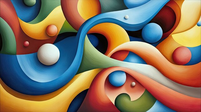 An abstract composition featuring flowing, curved shapes in vibrant colors like blue, yellow, orange, and red, interspersed with various sized spheres. The ligh
