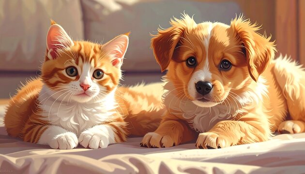 A fluffy orange tabby kitten and a golden puppy cuddle side-by-side on a light blanket in soft, diffused sunlight