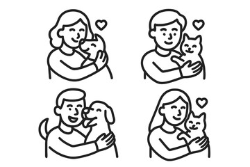 Collection of four simple drawings showing owners embracing their dogs and cats
