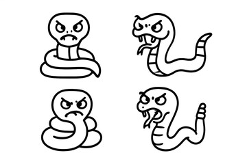 Collection of angry snakes, black and white line art characters with aggressive expressions