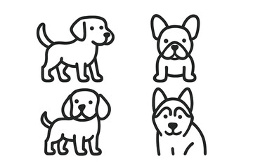 Four different dog breeds in simple black outline icons on a clean white background