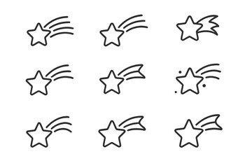Simple black and white outline icons set of shooting stars meteors and celestial objects
