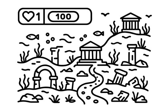 Ancient submerged city ruins with marine life and social media like button overlay - Powered by Adobe