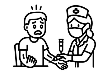 Anxious patient receiving an injection from a masked nurse during a medical procedure