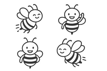 Set of cute cartoon honey bee characters with happy expressions flying and waving