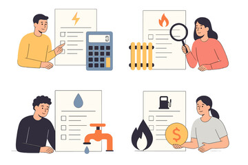 People calculating household utility bills covering electricity, heating, water, and fuel costs