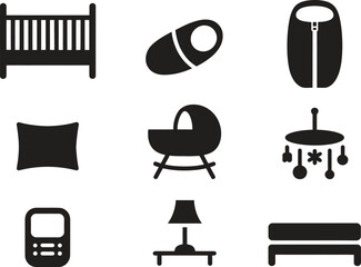 Silhouette Baby Nursery and Furniture Icons Set. Crib, Pillows, Changing Table, Baby Room Vector Illustration