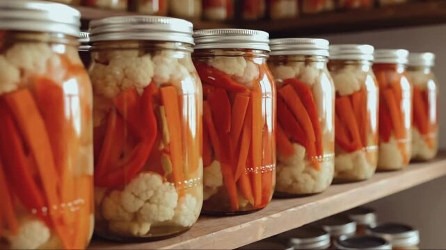 Panning shot of pickled vegetables in mason jars arranged on wooden shelves. Homemade canning and food preservation in a pantry. Winter food storage concept