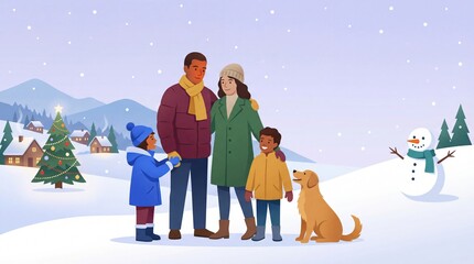 This charming winter holiday illustration captures a happy family enjoying the snow together, surrounded by festive scenery and warm seasonal spirit