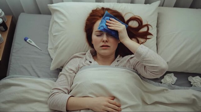 Top view of a sick young woman lying in bed holding an ice pack to her forehead. Female suffering from a severe headache or fever with a thermometer and tissues nearby. Illness and flu concept