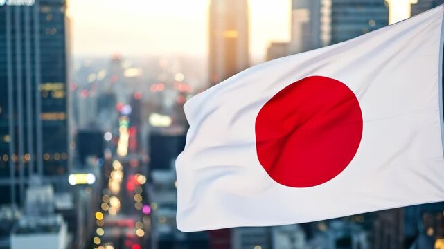 A Japanese flag waving over a modern cityscape at sunset.