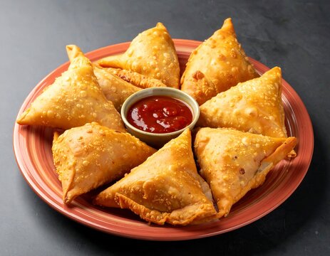 Golden, crispy triangular pastries with a bowl of red sauce - Powered by Adobe