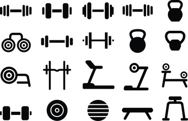 Silhouette Fitness Equipment Icons Set. Dumbbells, Kettlebells, Gym Machines, Strength Vector Illustration