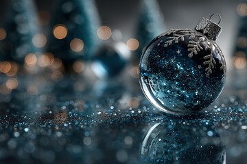 Transparent blue Christmas bauble with glitter particles and silver snowflakes, magical festive concept for premium holiday campaigns.