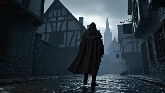 A mysterious hooded figure walks through a foggy medieval street.