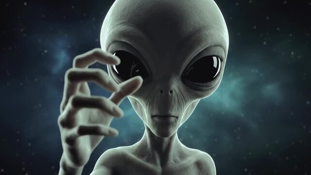 Grey alien reaching out with hand in deep space. 3D animation of an extraterrestrial face with large black eyes. Sci-fi concept of first contact