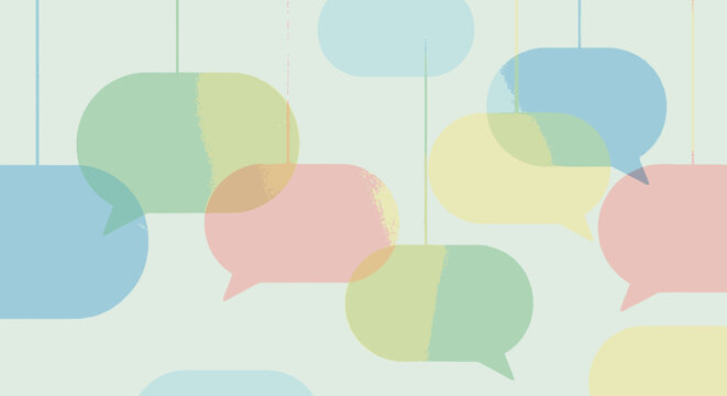 Multiple colorful transparent speech bubbles representing communication and dialogue.