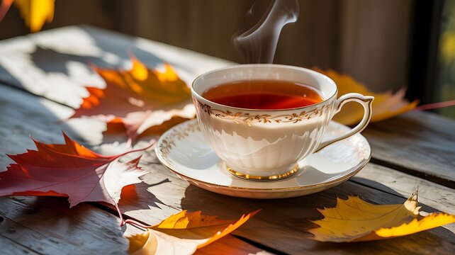 Cozy Autumn Tea Time with Fall Leaves and Sunlight