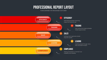 Consulting Launch Five Option Diagram Frame Design. Service Profile 5 Element Infographic Slide Layout. Investor Proposal Slideshow Template Vector Illustration.