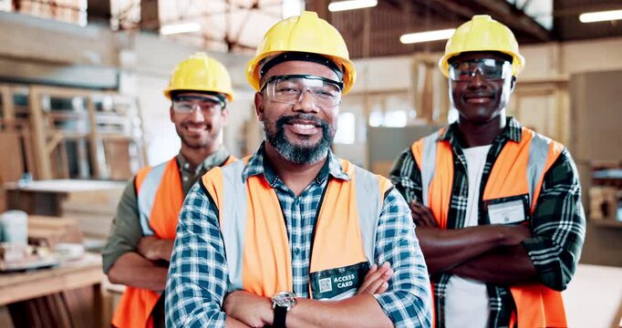 Face, men and carpenter in workshop with arms crossed for collaboration, manufacturing and woodwork. Confident, happy people or team in factory with PPE for building project, carpentry or leadership.