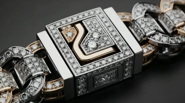 Luxury diamond bracelet macro with geometric design. Light pulse highlighting sparkling diamonds and polished gold and platinum surfaces. Premium jewelry fashion detail for advertising and branding.