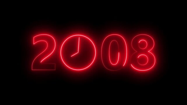 2008 digital text celebration and Calendar neon bright red color animation. Clock icon timer concept on black background.