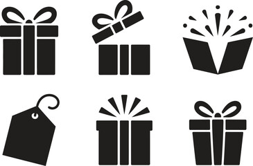 Silhouette Gift Box Icons Set. Presents, Bows, Gift Tags, Party Vector Illustration